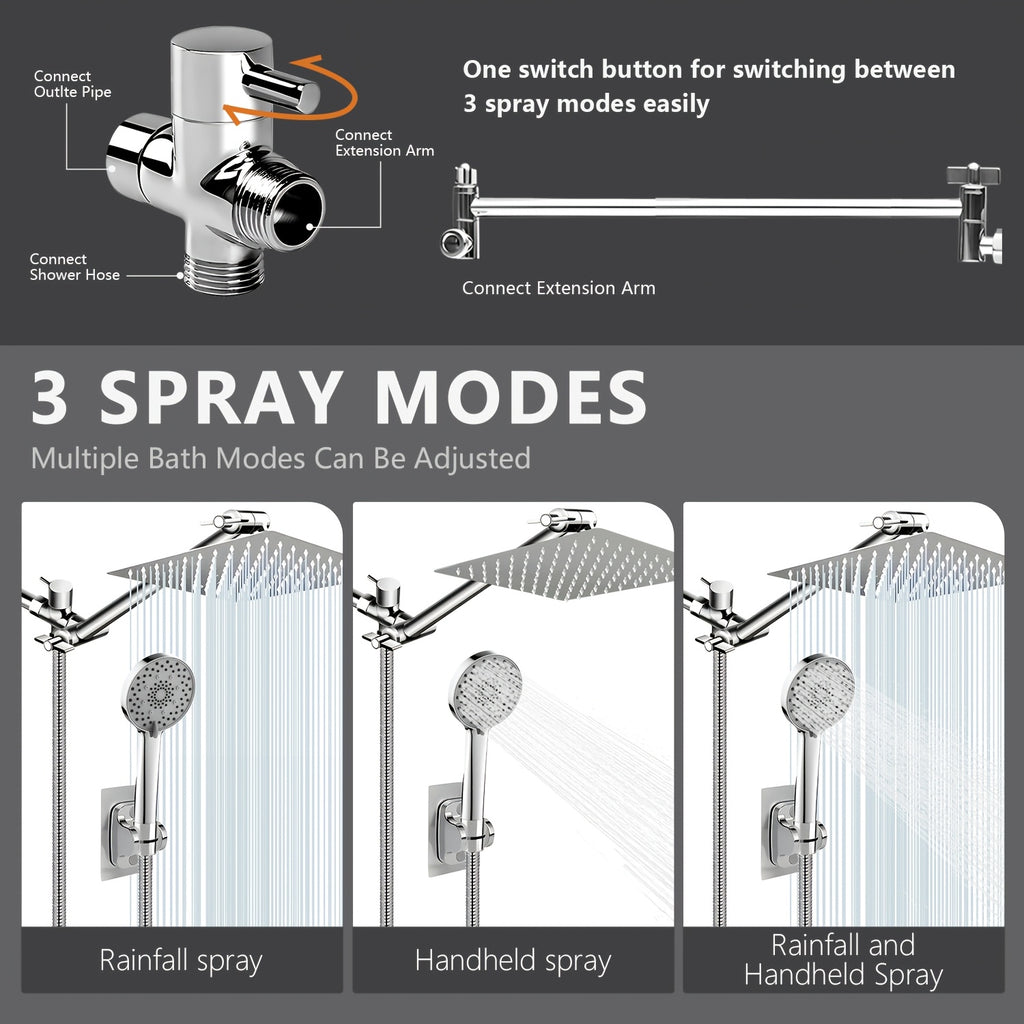 8\u002F12\u002F10-Inch High-Pressure Rain Shower Head & Handheld Shower Combo with Extension Arm - 5-In-1 Leak-Proof Bath\u002FShower System, Adjustable Height\u002FAngle Stand & Hose, Wall-Mounted