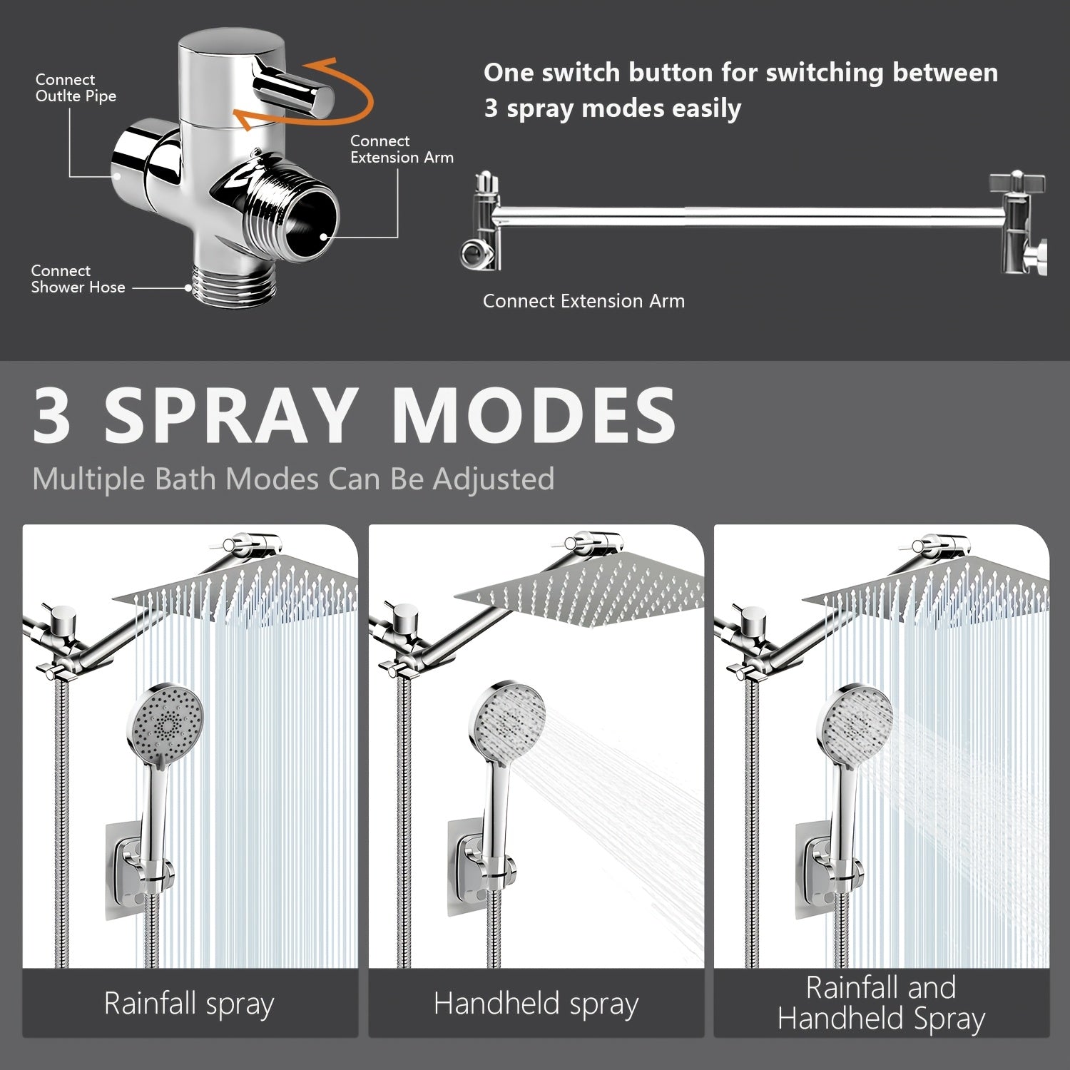 8\u002F12\u002F10-Inch High-Pressure Rain Shower Head & Handheld Shower Combo with Extension Arm - 5-In-1 Leak-Proof Bath\u002FShower System, Adjustable Height\u002FAngle Stand & Hose, Wall-Mounted