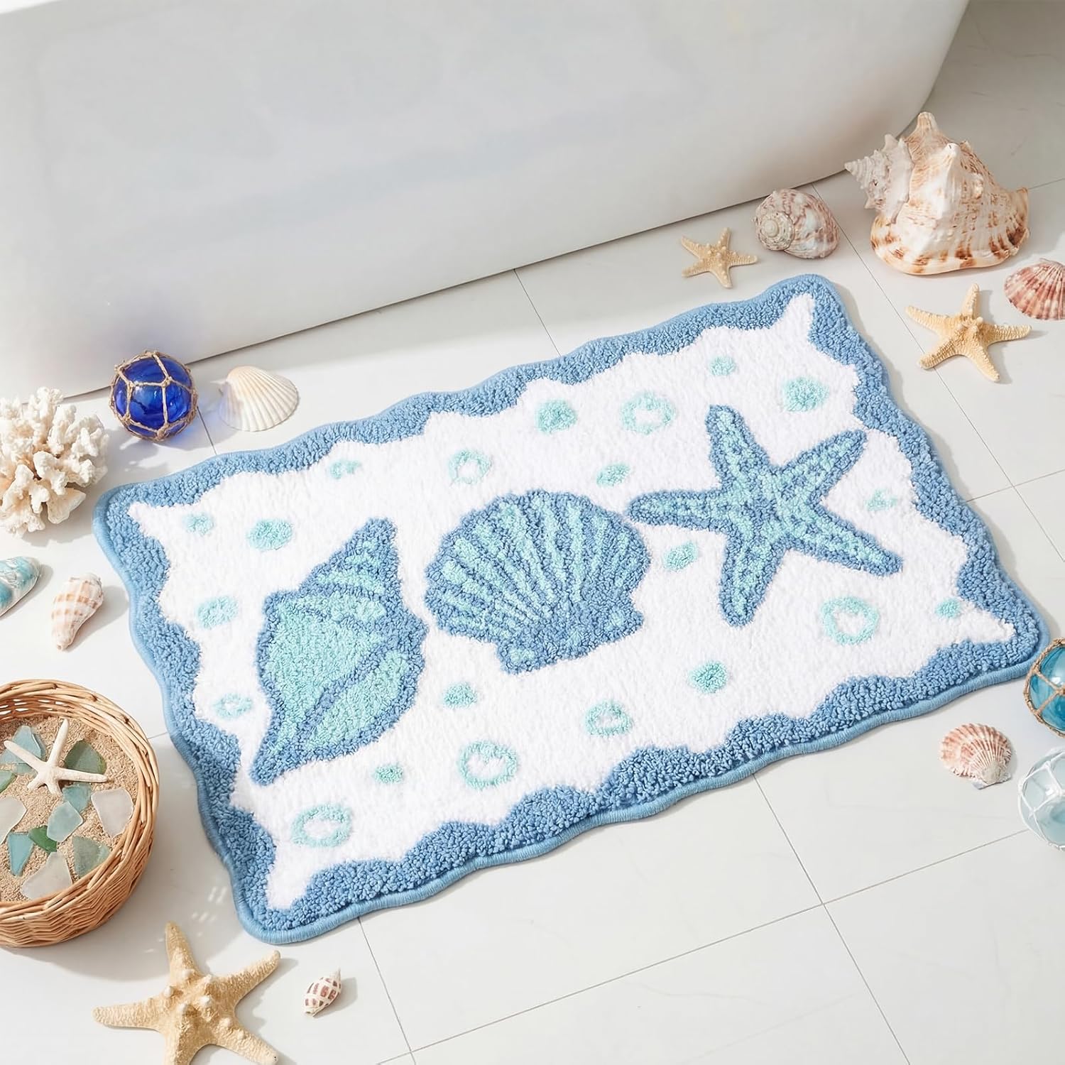 Coastal Beach Bath Rug Suitable for Summer Bathrooms - Soft Non-Slip Thick Cushioned Mat with Seashell & Starfish, Absorbent Washable Suitable for Bath, Shower, Bedroom,, Decor