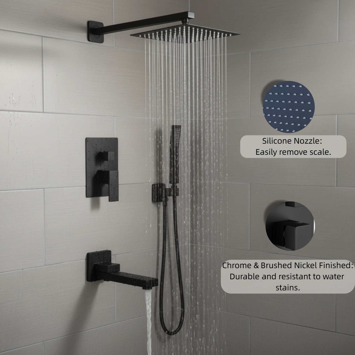 Copper Core Shatter-Resistant 3-Setting Shower System, Modern Matte Black Square Rainfall Shower Head with Handheld Sprayer, Tub Spout And Shower Valve Trim Kit, Durable Bathroom Shower Faucet Set