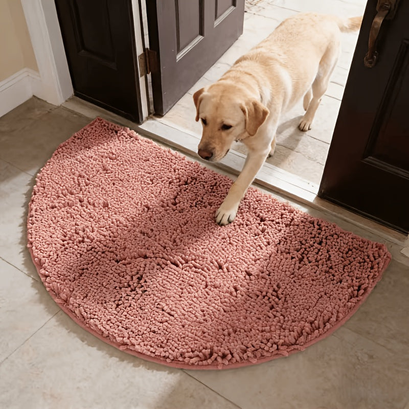 Non-Slip Water-Absorbing Semi-Circular Floor Mat Suitable for Entryway, Bath & - Chenille with TPR Backing, Machine Washable Soft Bean-Paste Pink for Pets, Families, Holiday Gifts, Thick Cushioned Floor