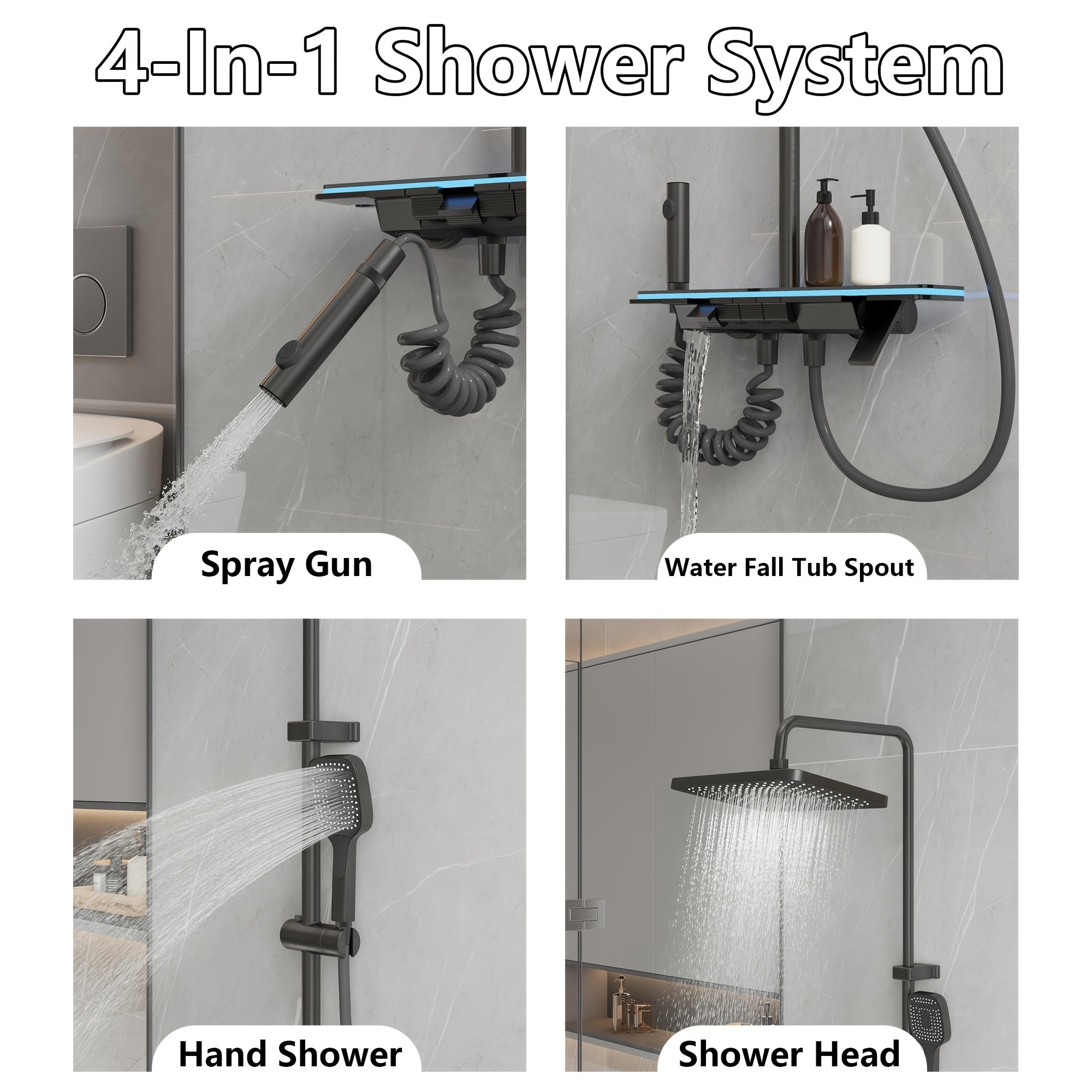1Set Bathroom Shower System with 11.6'' Rain Showerhead, Hand Shower, Spray Gun And Water Fall Tub Spout, Gray Shower Set, 4-In-1 Shower Faucet Set, Faucet with Cold And Hot Water Mixer, Wall-Mounted Luxurious Exposed Shower Sets