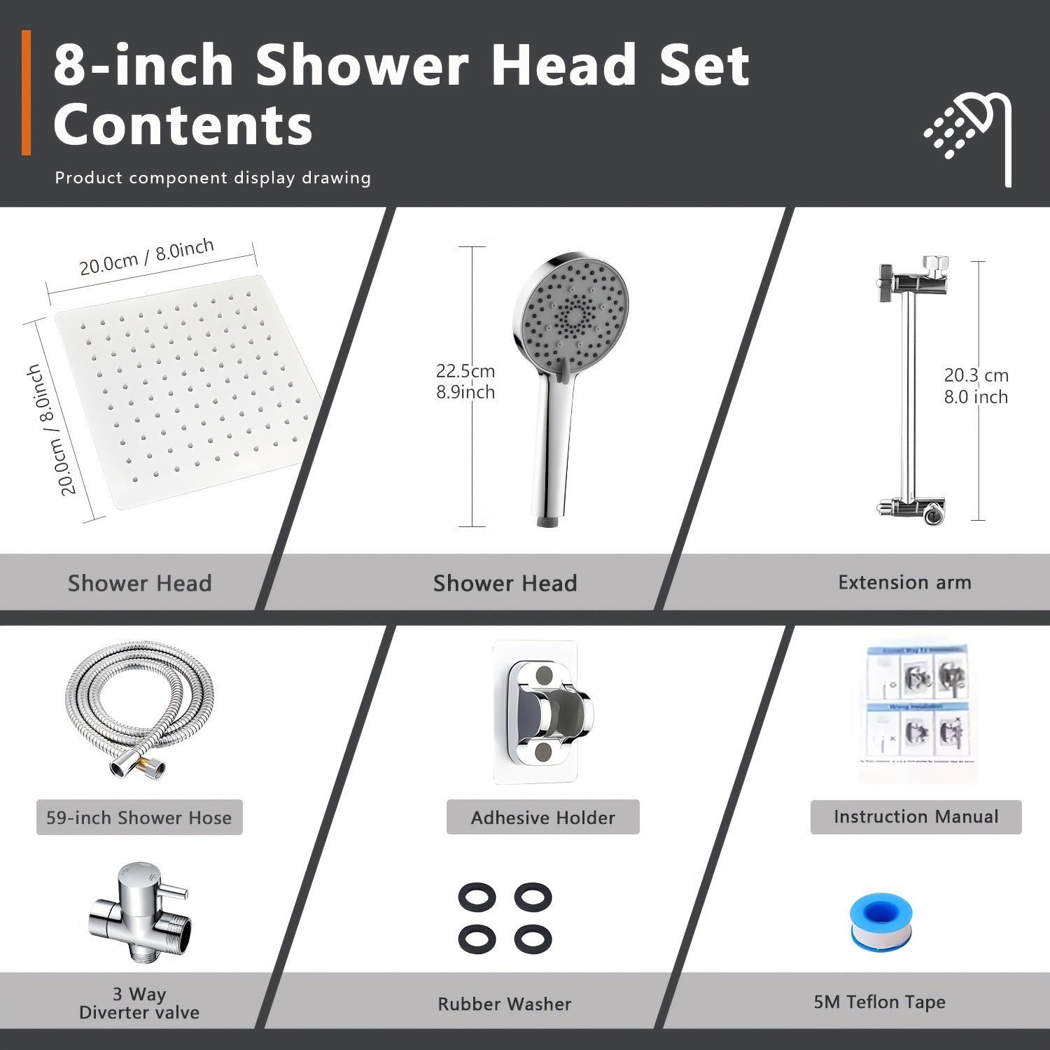 8\u002F12\u002F10-Inch High-Pressure Rain Shower Head & Handheld Shower Combo with Extension Arm - 5-In-1 Leak-Proof Bath\u002FShower System, Adjustable Height\u002FAngle Stand & Hose, Wall-Mounted