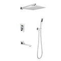 A Shower System That Is Mounted on The Wall, Featuring a Hand Shower, a 12-Inch Shower Head, And a Tub Spout, Guaranteed for Quality
