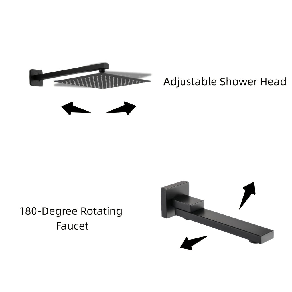 Copper Core Shatter-Resistant 3-Setting Shower System, Modern Matte Black Square Rainfall Shower Head with Handheld Sprayer, Tub Spout And Shower Valve Trim Kit, Durable Bathroom Shower Faucet Set
