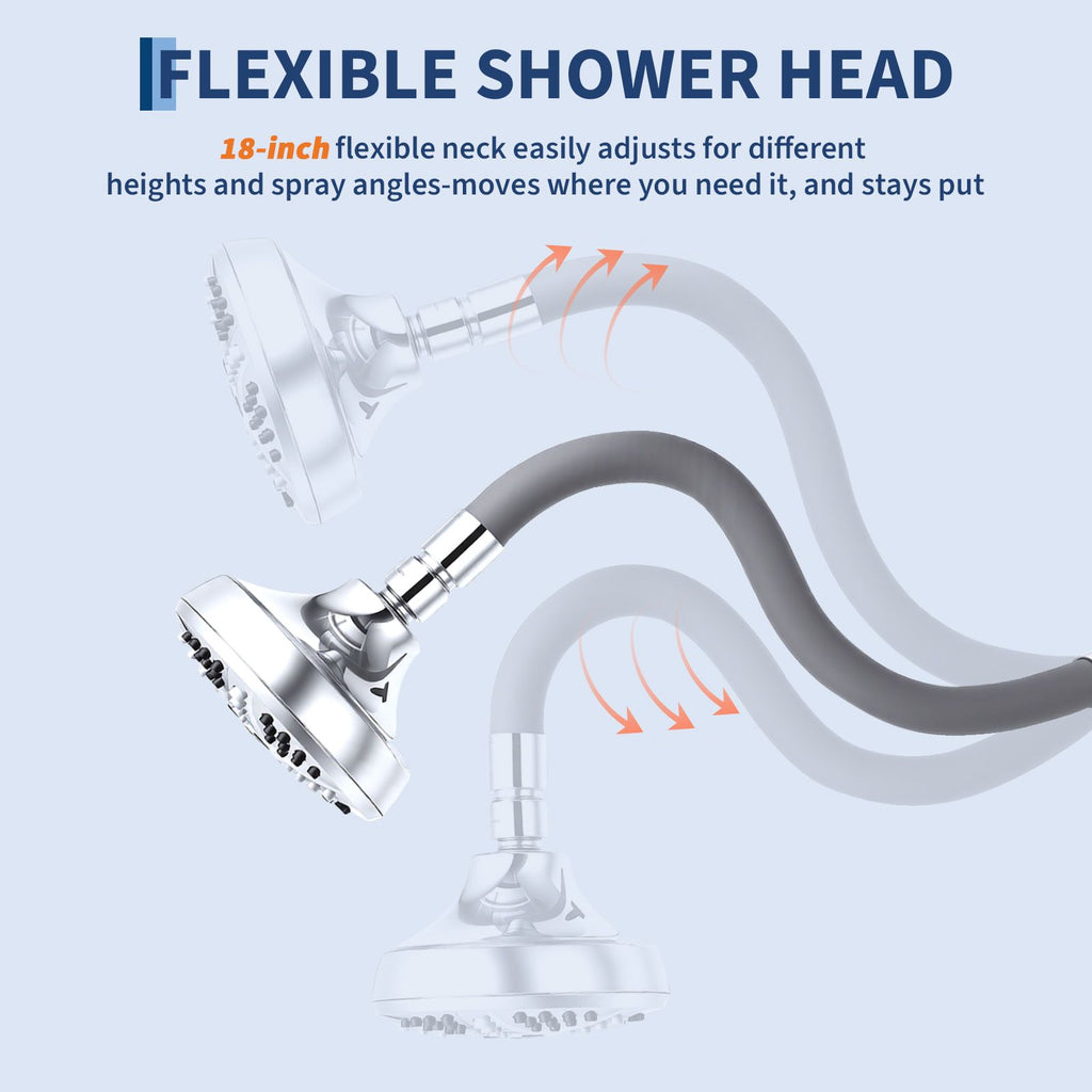 Adjustable 18-Inch Flexible Shower Head with Wall-Mounted Design, 7 Spray Settings, Easy DIY Installation for Low & High Pipes, Anti-Clog Nozzles, Powerful Massage Feature,for Shower Use Only