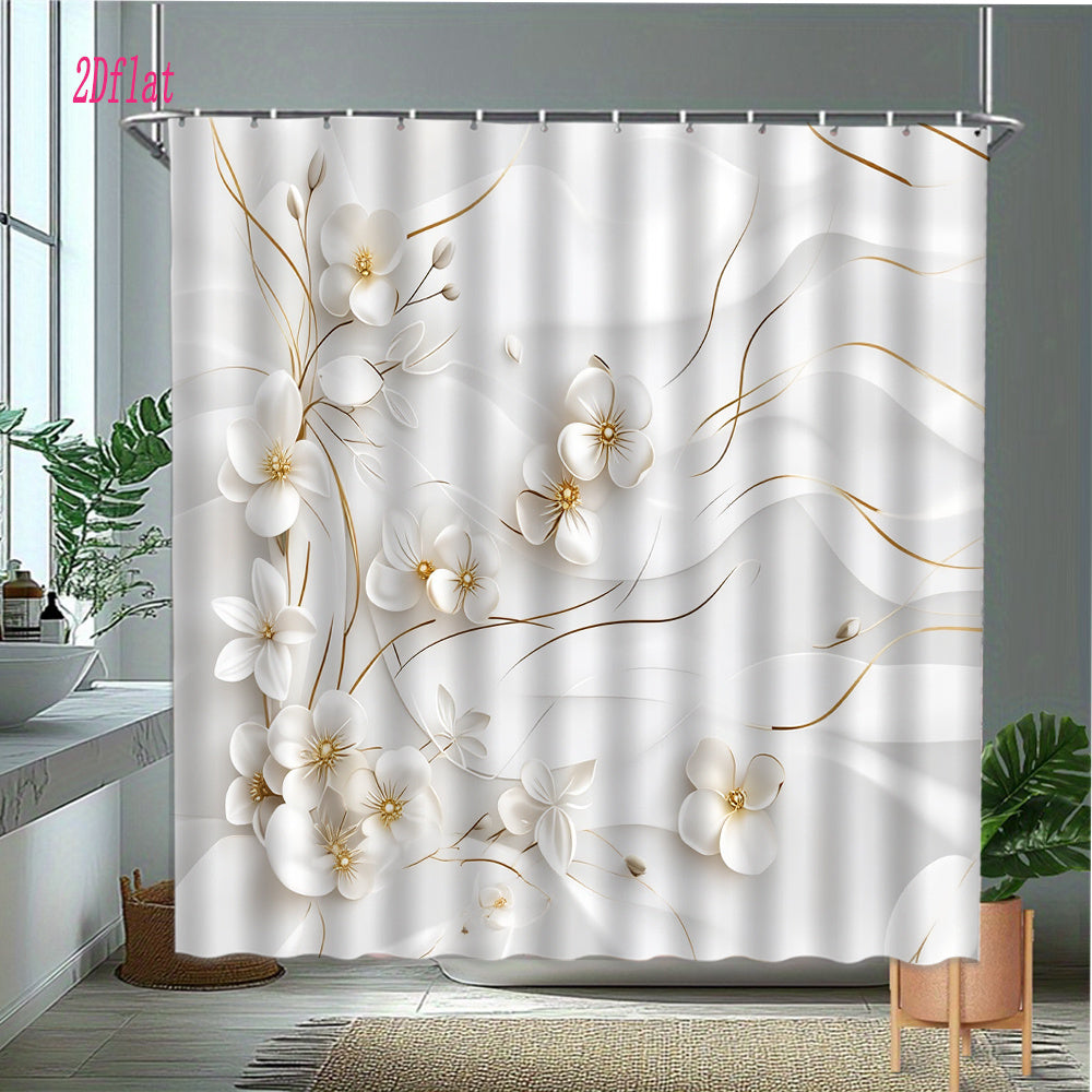 1pc a Vintage-Inspired Shower Curtain Featuring Elegant White Floral Designs, Measuring 70.8 by 70.8 Inches, Complete with Hooks