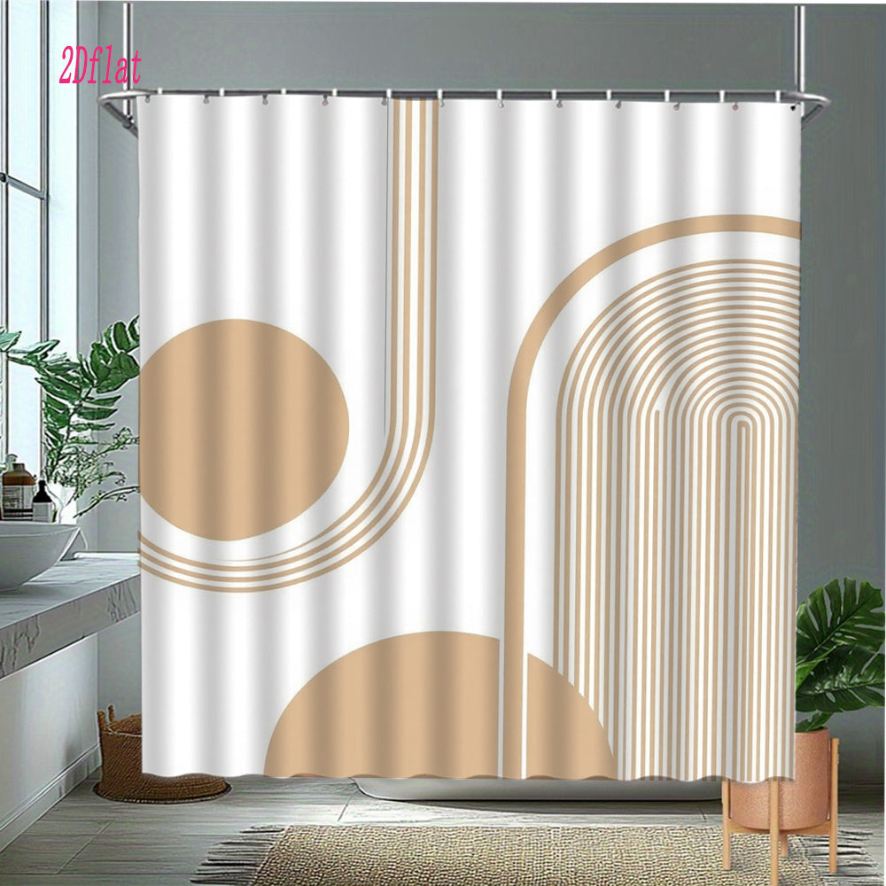 1pc a Minimalist Beige Abstract Geometric Shower Curtain, Made of Polyester Fabric, Designed for Bathroom Decor. It Comes with 12 Hooks And Measures 70.8 by 70.8 Inches