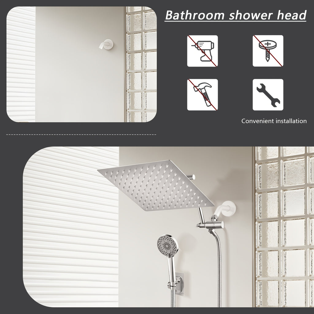 8\u002F12\u002F10-Inch High-Pressure Rain Shower Head & Handheld Shower Combo with Extension Arm - 5-In-1 Leak-Proof Bath\u002FShower System, Adjustable Height\u002FAngle Stand & Hose, Wall-Mounted