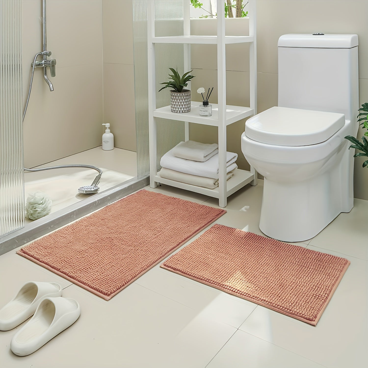 Non-Slip | Soft Absorbent 2pcs Non-Slip Chenille Bath Mat | 16*24 Inch + 20*32 Inch | Soft Absorbent Shower Rug for Bathtub, Toilet, Shower, Entryway - Machine Washable, Thick Cushioning, Quiet Step, Fits Small Bathrooms