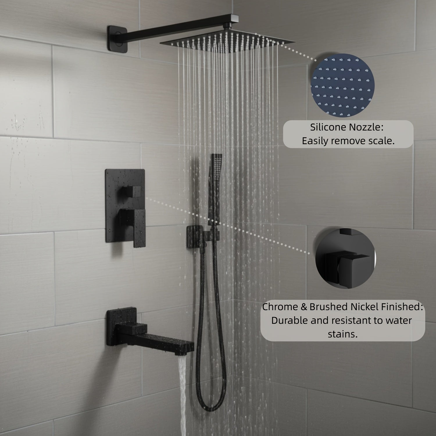 Copper Core Shatter-Resistant 3-Setting Shower System, Modern Matte Black Square Rainfall Shower Head with Handheld Sprayer, Tub Spout And Shower Valve Trim Kit, Durable Bathroom Shower Faucet Set