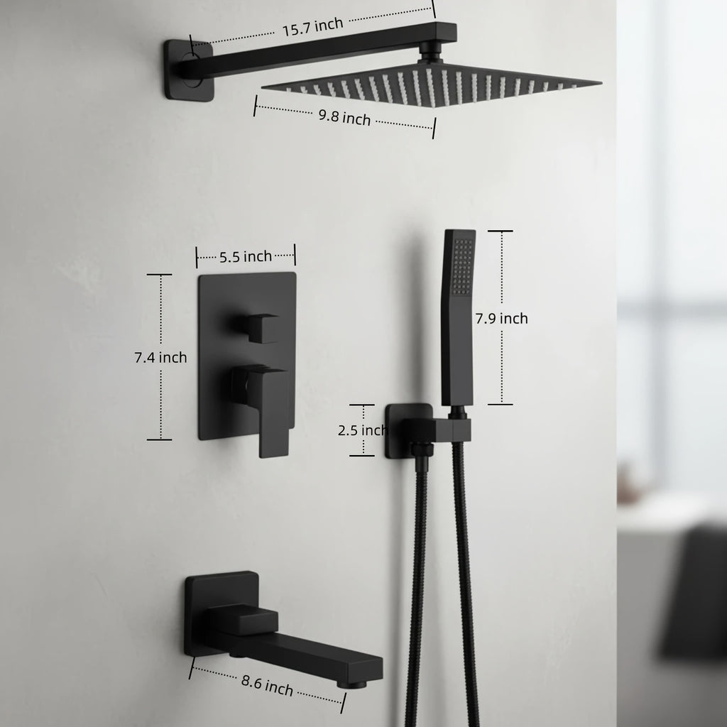 Copper Core Shatter-Resistant 3-Setting Shower System, Modern Matte Black Square Rainfall Shower Head with Handheld Sprayer, Tub Spout And Shower Valve Trim Kit, Durable Bathroom Shower Faucet Set