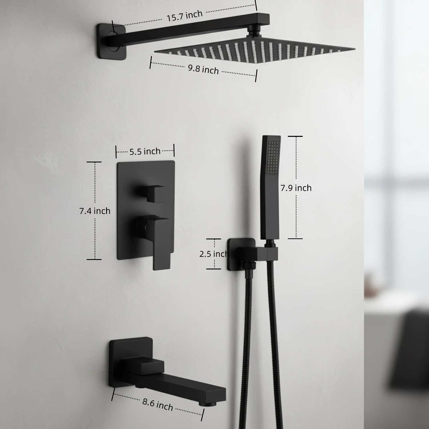 Copper Core Shatter-Resistant 3-Setting Shower System, Modern Matte Black Square Rainfall Shower Head with Handheld Sprayer, Tub Spout And Shower Valve Trim Kit, Durable Bathroom Shower Faucet Set