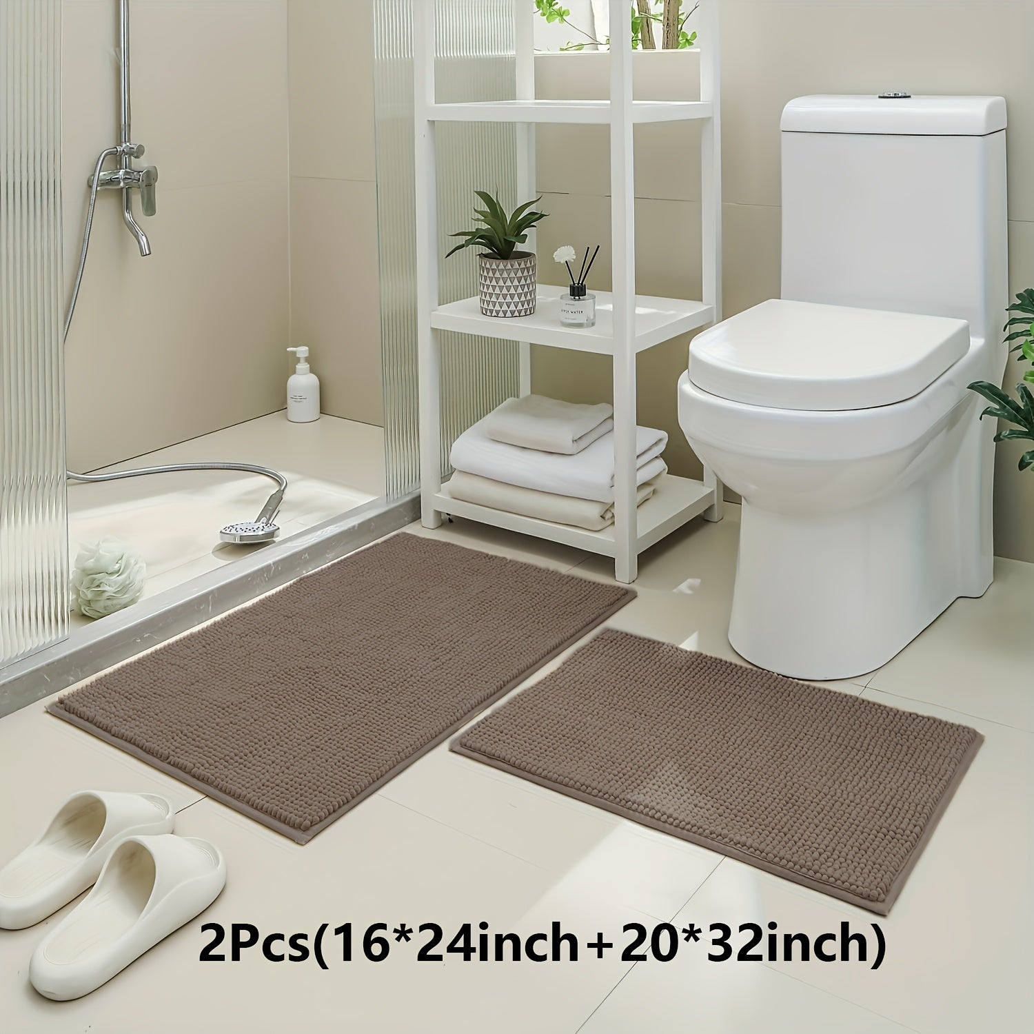 Non-Slip | Soft Absorbent 2pcs Non-Slip Chenille Bath Mat | 16*24 Inch + 20*32 Inch | Soft Absorbent Shower Rug for Bathtub, Toilet, Shower, Entryway - Machine Washable, Thick Cushioning, Quiet Step, Fits Small Bathrooms