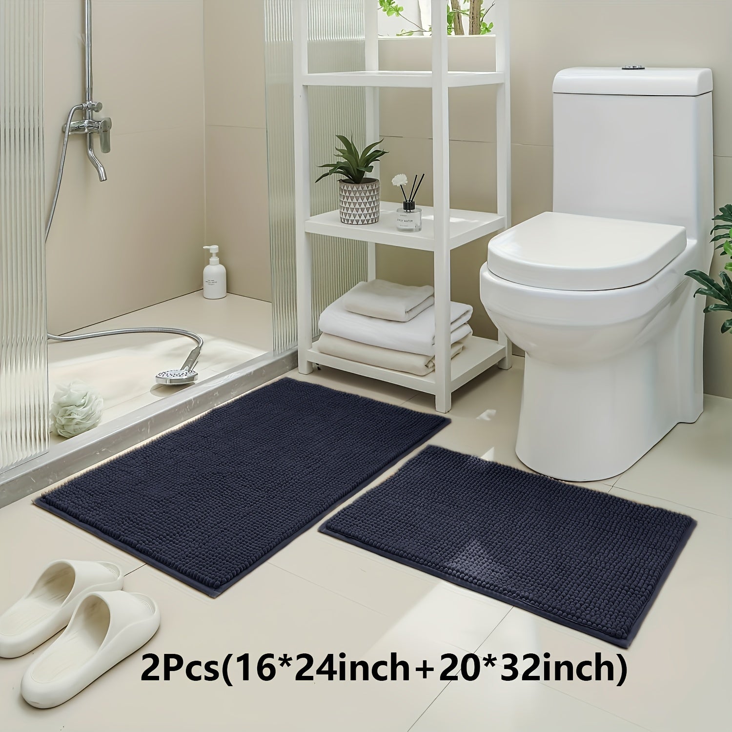 Non-Slip | Soft Absorbent 2pcs Non-Slip Chenille Bath Mat | 16*24 Inch + 20*32 Inch | Soft Absorbent Shower Rug for Bathtub, Toilet, Shower, Entryway - Machine Washable, Thick Cushioning, Quiet Step, Fits Small Bathrooms