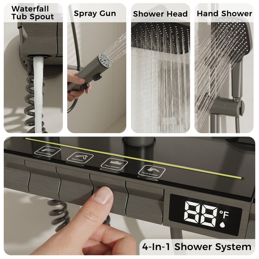 1Set Bathroom Shower System with 10.8''Rain Showerhead, Handheld, Spray Gun And Water Fall Tub Spout, Gray Shower Set, 4-In-1 Shower Faucet Set, Faucet with Cold And Hot Water Mixer, Wall Mount Luxurious Exposed Shower Sets
