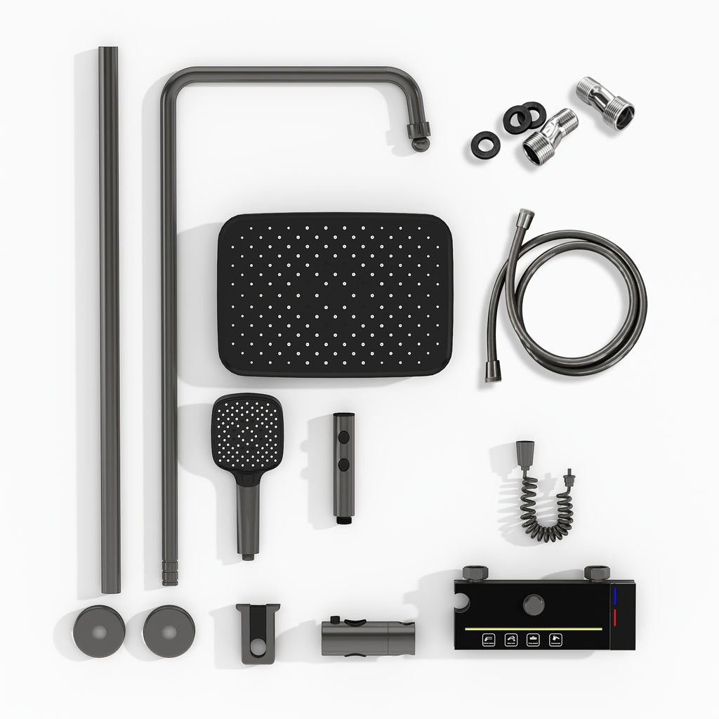 1Set Bathroom Shower System with 10.8''Rain Showerhead, Handheld, Spray Gun And Water Fall Tub Spout, Gray Shower Set, 4-In-1 Shower Faucet Set, Faucet with Cold And Hot Water Mixer, Wall Mount Luxurious Exposed Shower Sets