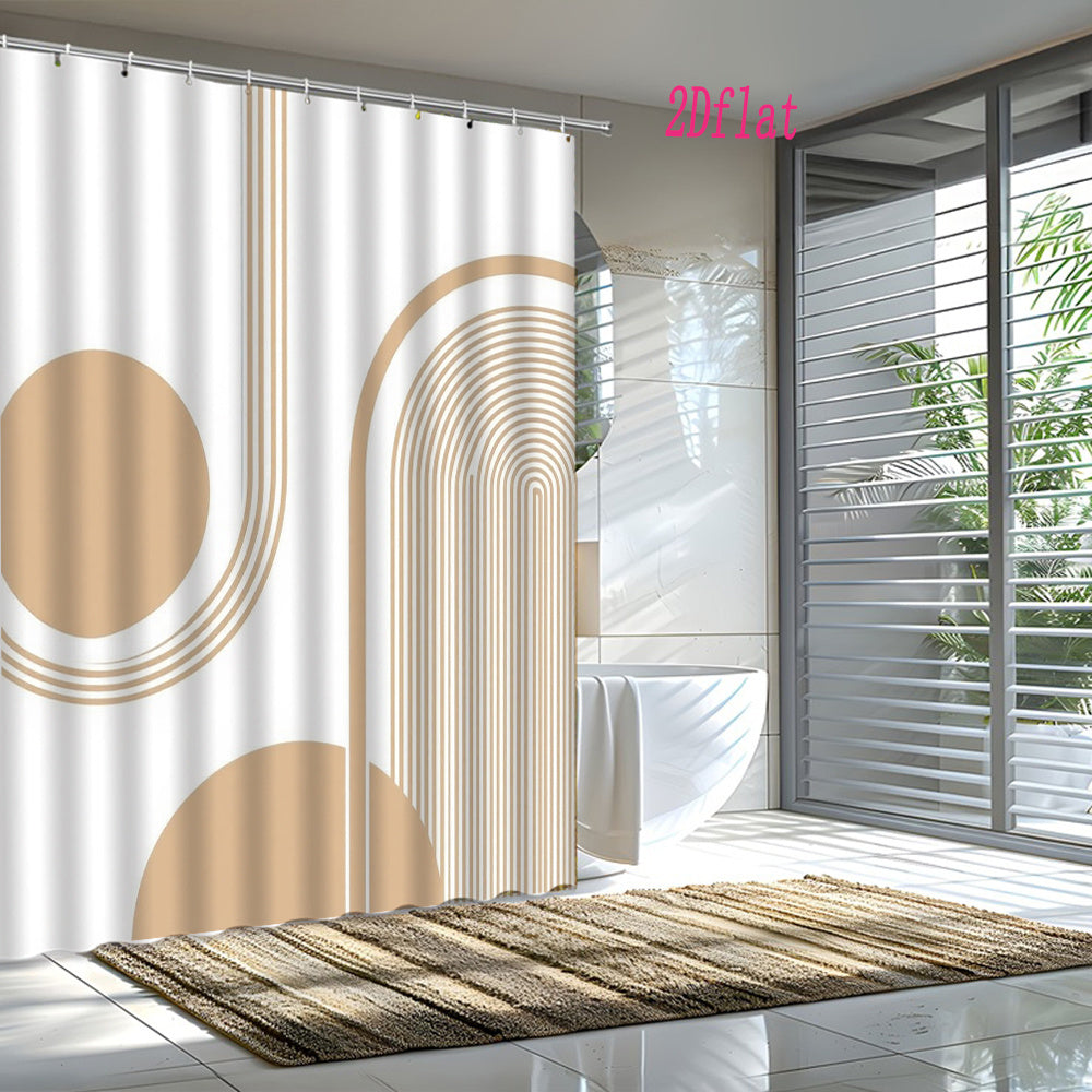 1pc a Minimalist Beige Abstract Geometric Shower Curtain, Made of Polyester Fabric, Designed for Bathroom Decor. It Comes with 12 Hooks And Measures 70.8 by 70.8 Inches