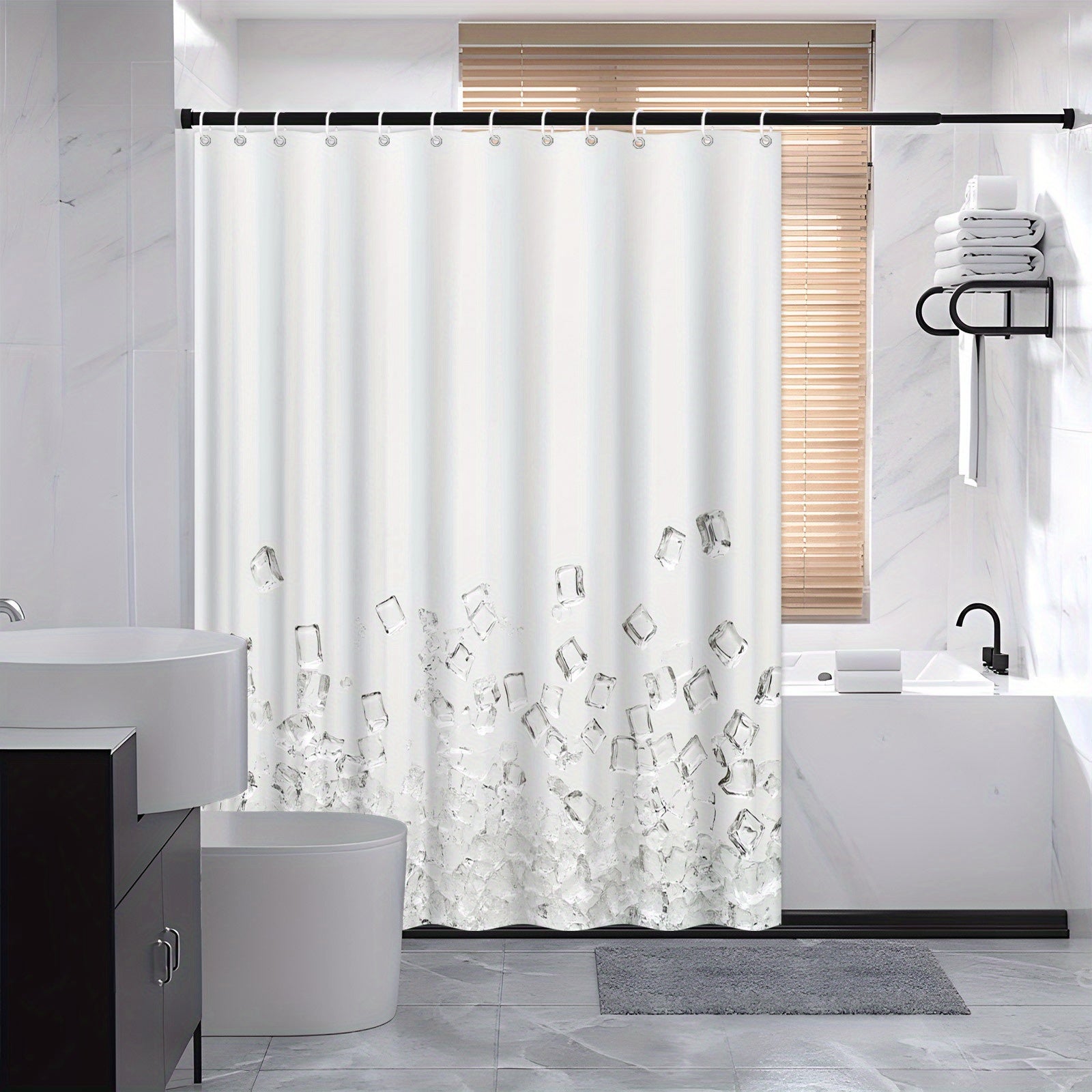 1pc Contemporary Abstract Geometric Shower Curtain Featuring a Pastel Design of Triangles, Circles, And Squares. Stylish Minimalist Bathroom Decoration, Measuring 70.8 by 70.8 Inches, Made of Machine Washable Polyester And Comes with 12 Hooks