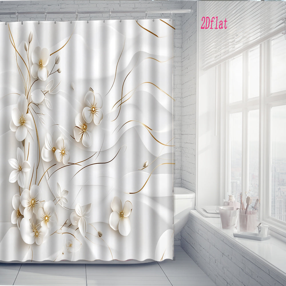 1pc a Vintage-Inspired Shower Curtain Featuring Elegant White Floral Designs, Measuring 70.8 by 70.8 Inches, Complete with Hooks
