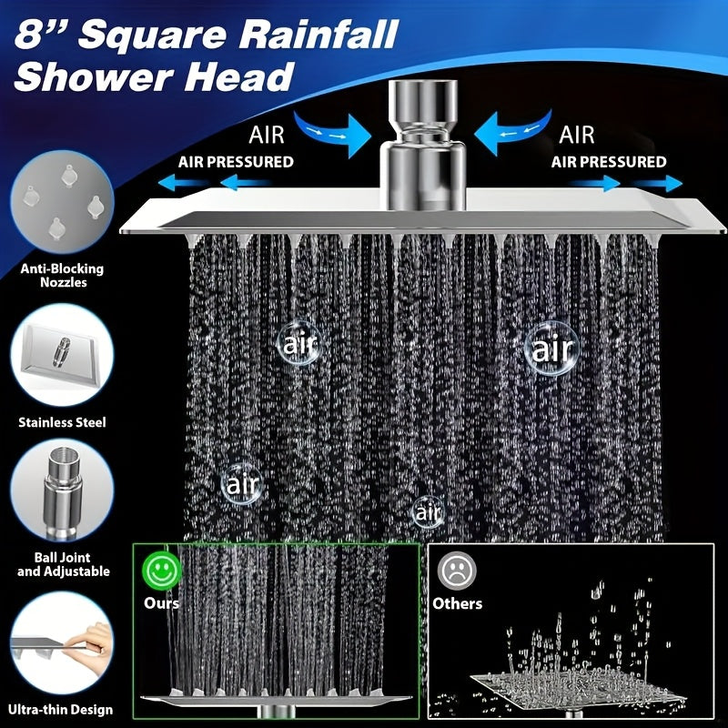 8Inch High Pressure Rain Showerhead Combo (With Handheld Sprayer) | 9.64In Adjustable Extension Arm | 5 Spray Patterns & 360° Swivel Ball | Leakproof Hose | Freely Adjustable Height & Angle | Ultimate Bathroom Shower Upgrade for Shower Use Solely Fo