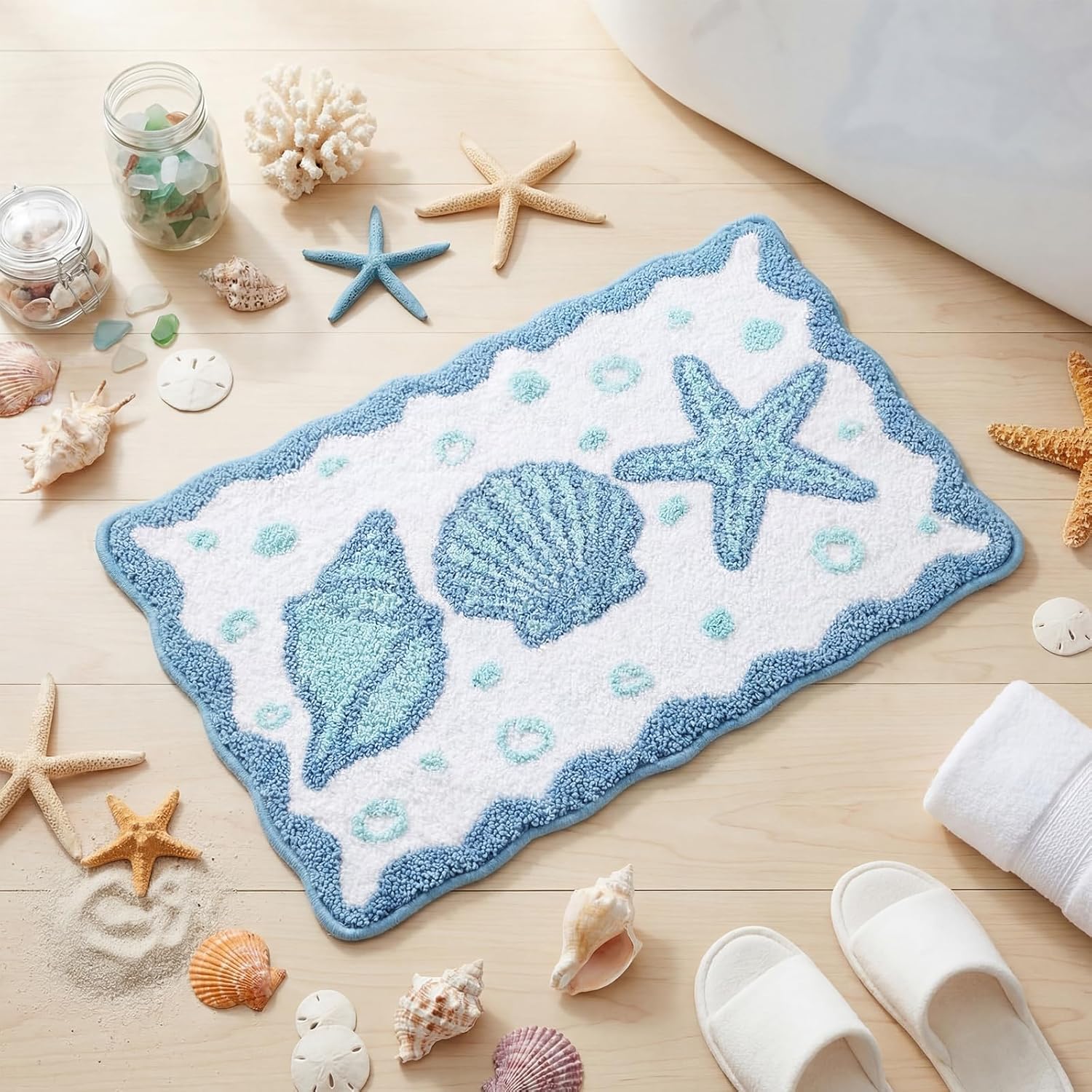 Coastal Beach Bath Rug Suitable for Summer Bathrooms - Soft Non-Slip Thick Cushioned Mat with Seashell & Starfish, Absorbent Washable Suitable for Bath, Shower, Bedroom,, Decor