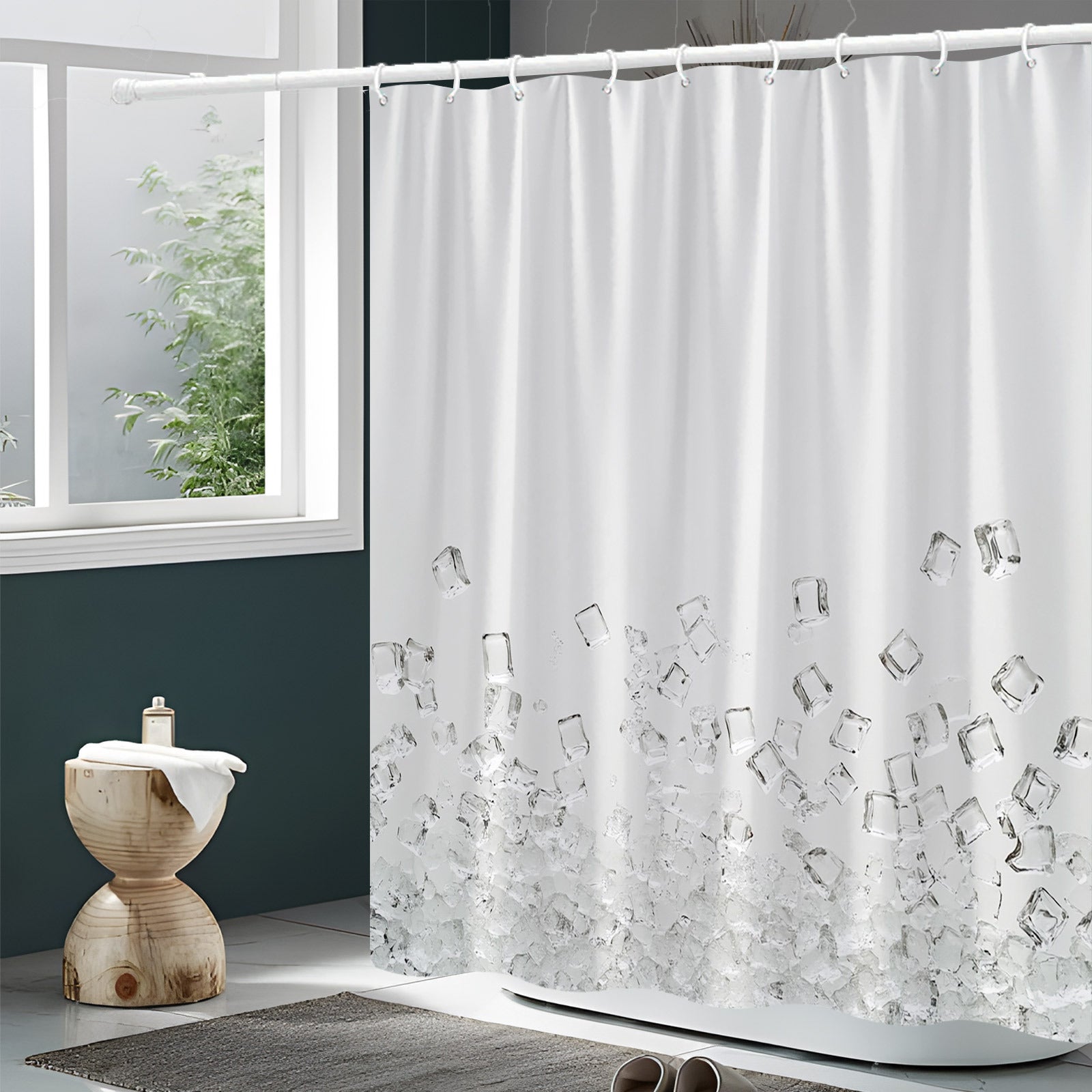 1pc Contemporary Abstract Geometric Shower Curtain Featuring a Pastel Design of Triangles, Circles, And Squares. Stylish Minimalist Bathroom Decoration, Measuring 70.8 by 70.8 Inches, Made of Machine Washable Polyester And Comes with 12 Hooks