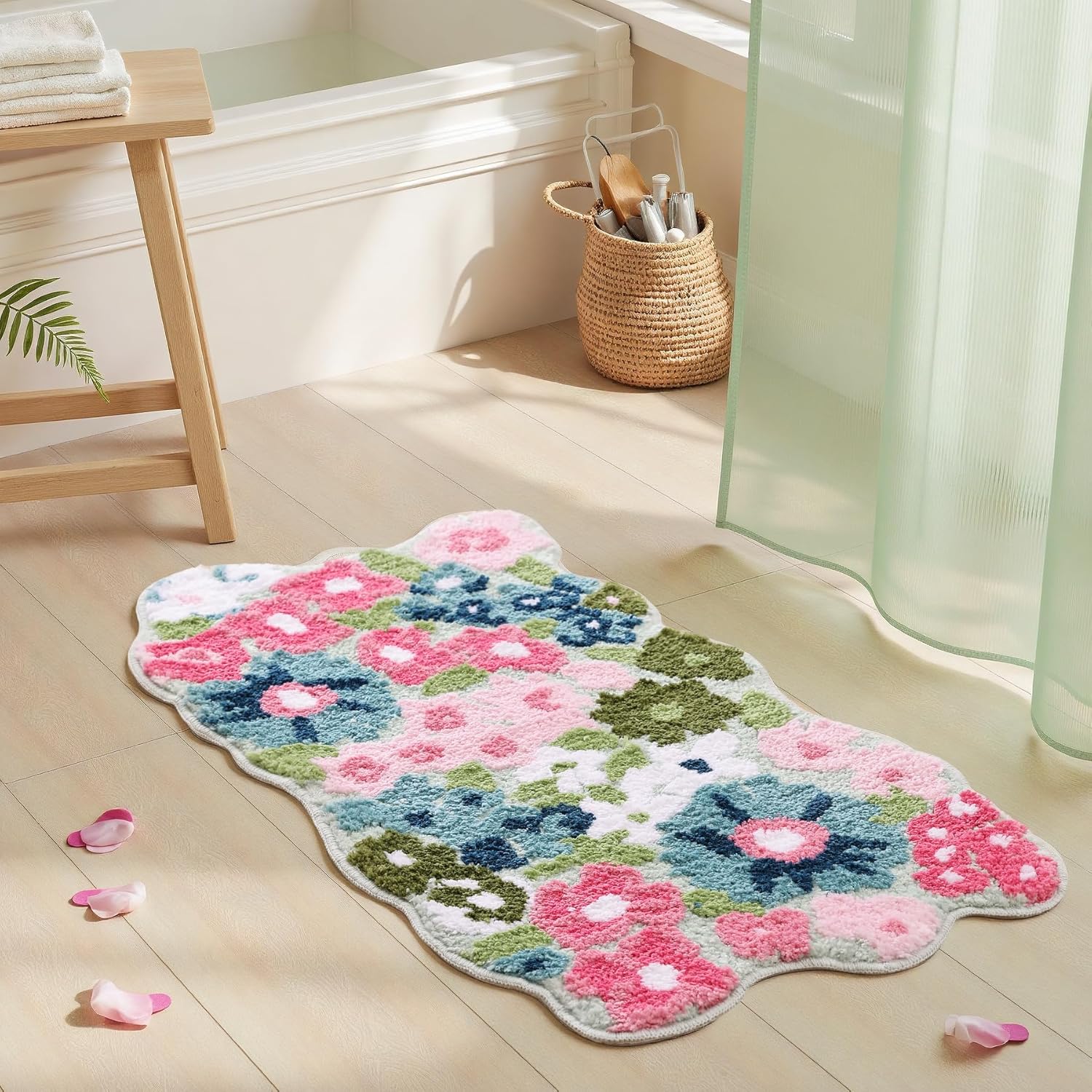Wildflower Bath Rug Suitable for Bath Mat, Non-Slip Tufted Soft with Wildflower Pattern, Washable Green Mat Suitable for Bathtub, Dressing Table, Entryway, Farmhouse Country Decor, Thick Cushioning for Small Spaces