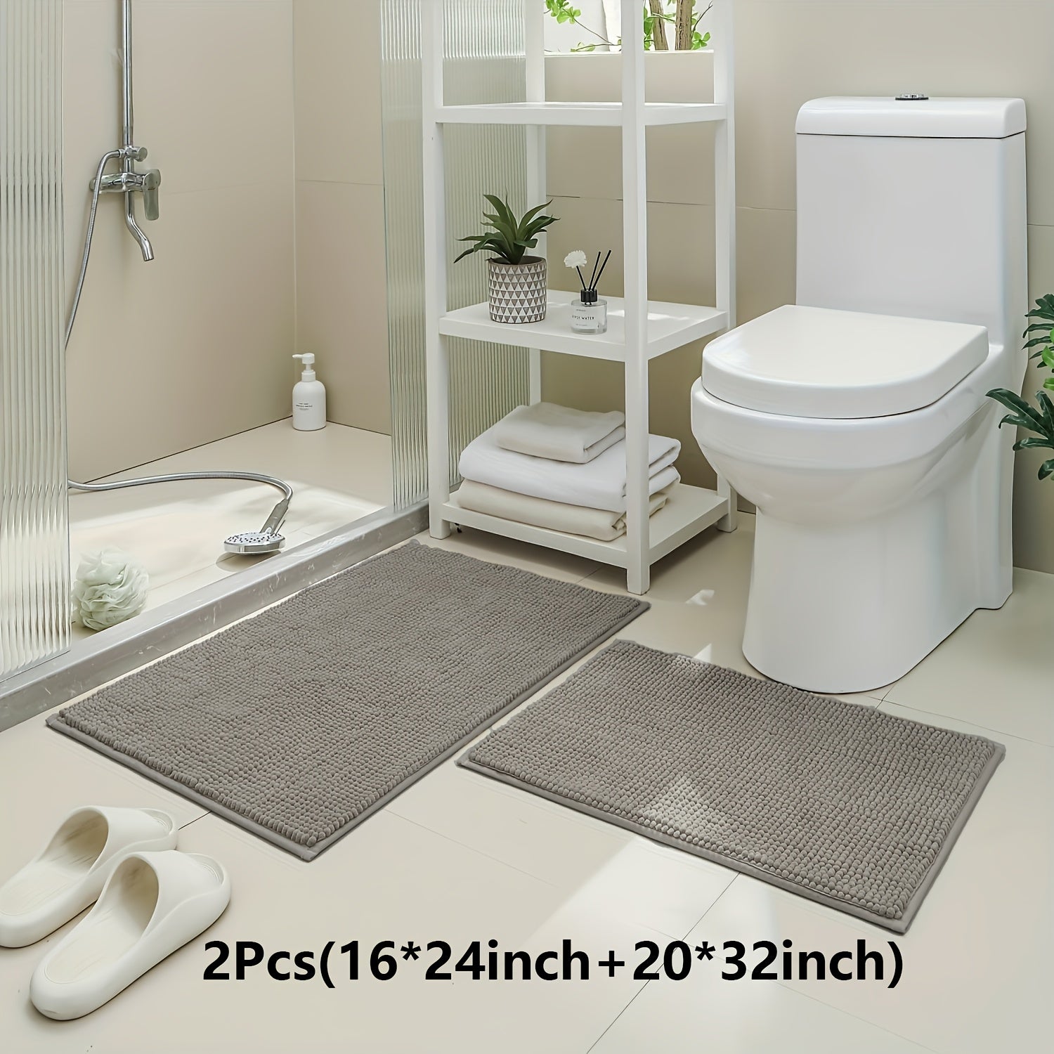 Non-Slip | Soft Absorbent 2pcs Non-Slip Chenille Bath Mat | 16*24 Inch + 20*32 Inch | Soft Absorbent Shower Rug for Bathtub, Toilet, Shower, Entryway - Machine Washable, Thick Cushioning, Quiet Step, Fits Small Bathrooms