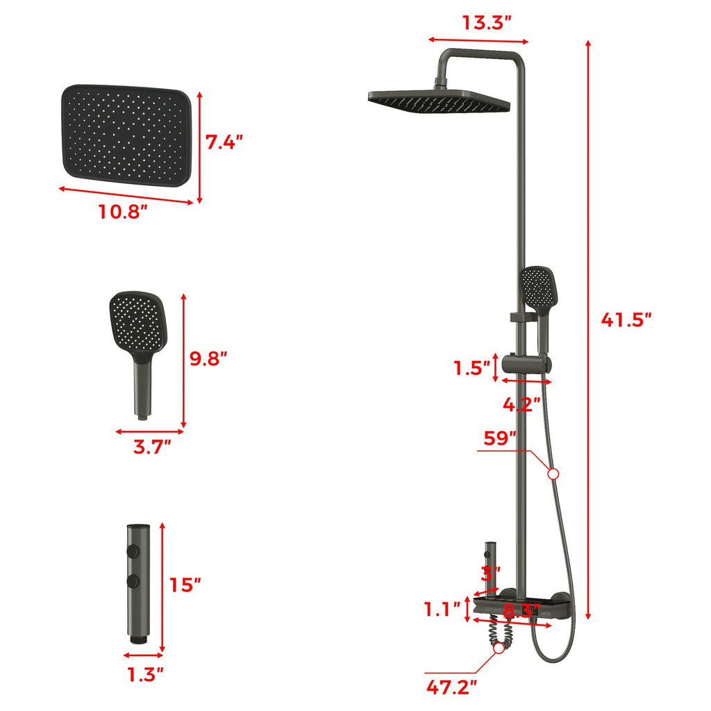 1Set Bathroom Shower System with 10.8''Rain Showerhead, Handheld, Spray Gun And Water Fall Tub Spout, Gray Shower Set, 4-In-1 Shower Faucet Set, Faucet with Cold And Hot Water Mixer, Wall Mount Luxurious Exposed Shower Sets