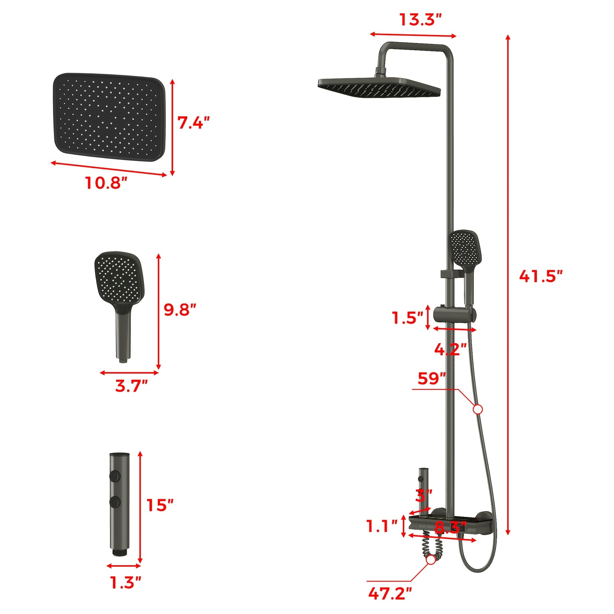1Set Bathroom Shower System with 10.8''Rain Showerhead, Handheld, Spray Gun And Water Fall Tub Spout, Gray Shower Set, 4-In-1 Shower Faucet Set, Faucet with Cold And Hot Water Mixer, Wall Mount Luxurious Exposed Shower Sets