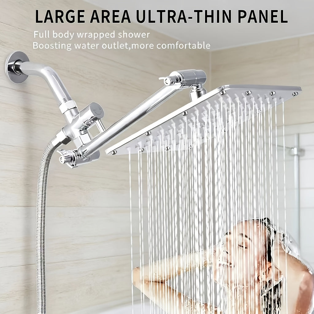 8Inch High Pressure Rain Showerhead Combo (With Handheld Sprayer) | 9.64In Adjustable Extension Arm | 5 Spray Patterns & 360° Swivel Ball | Leakproof Hose | Freely Adjustable Height & Angle | Ultimate Bathroom Shower Upgrade for Shower Use Solely Fo
