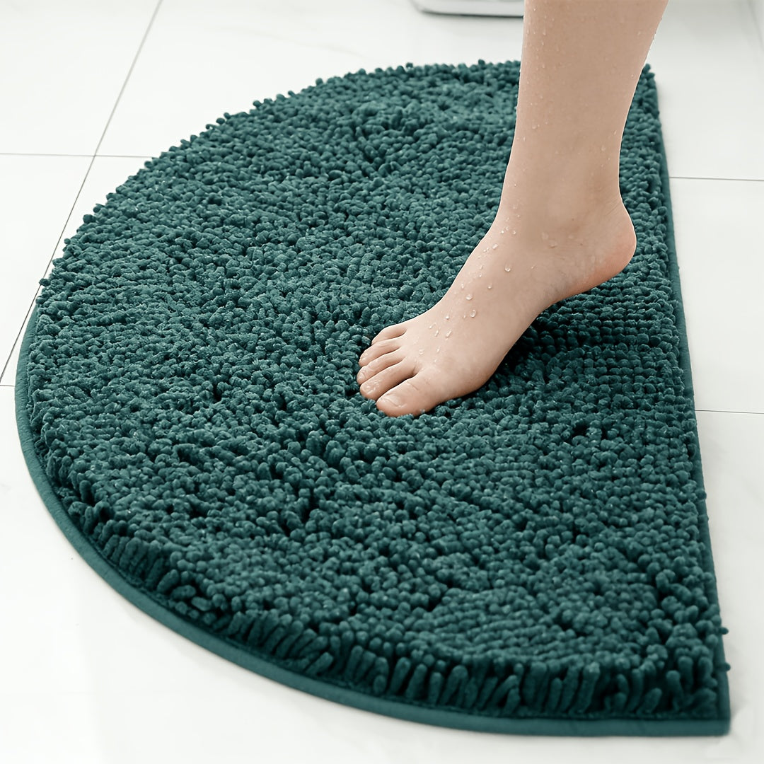 Semi-circular Dark Green Chenille Floor Mat, Thickened, Water-absorbing, And Anti-slip, Perfect for Entryway, Bathroom, And Toilet Area, As Well As A Splash Guard for Cat Litter Boxes In Households with Cats. Ideal for Holiday Gifts