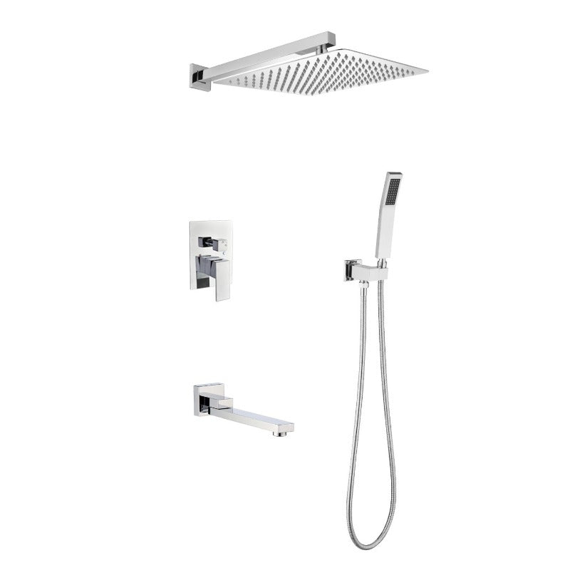 A Shower System That Is Mounted on The Wall, Featuring a Hand Shower, a 12-Inch Shower Head, And a Tub Spout, Guaranteed for Quality