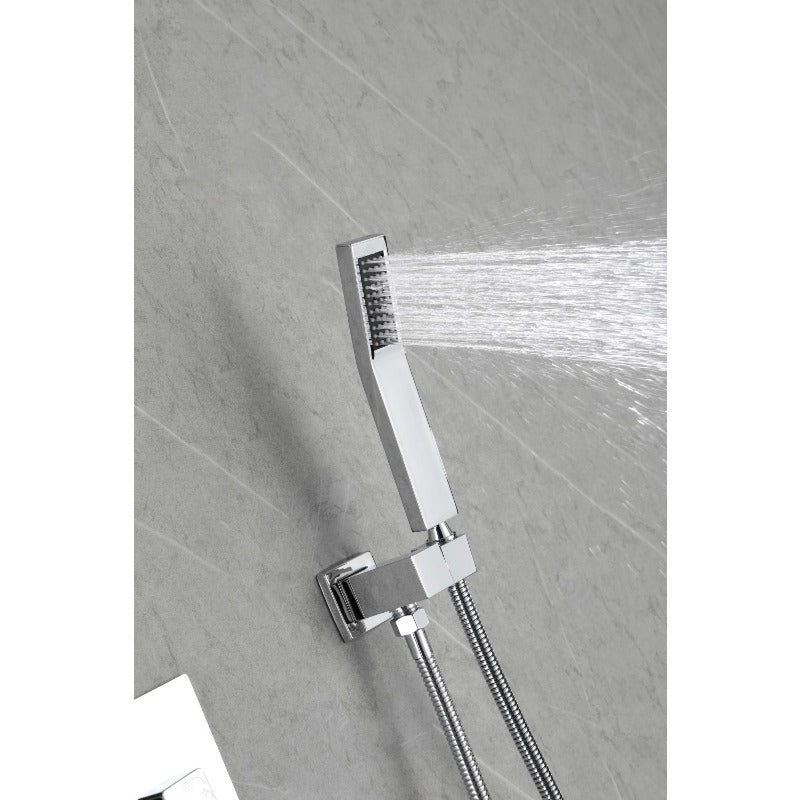 A Shower System That Is Mounted on The Wall, Featuring a Hand Shower, a 12-Inch Shower Head, And a Tub Spout, Guaranteed for Quality