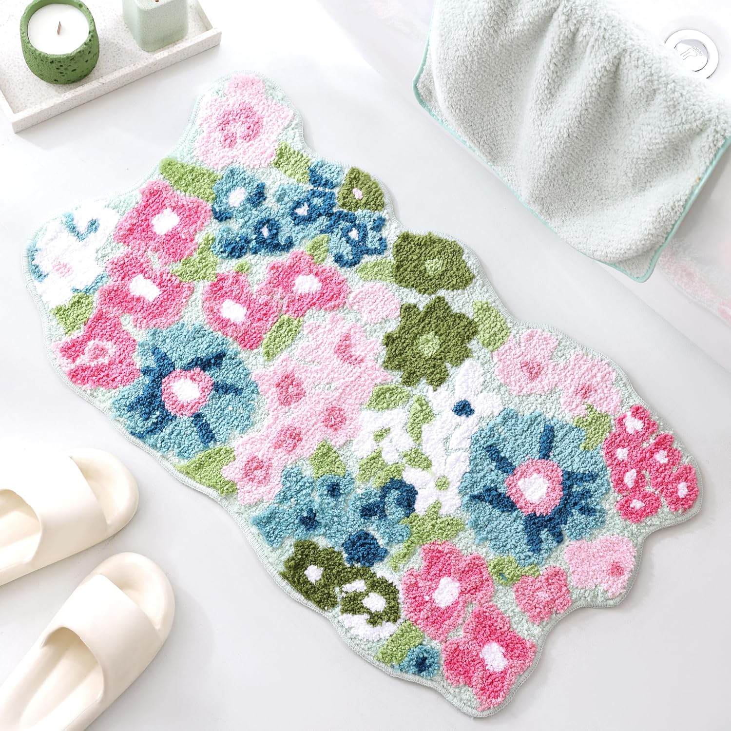Wildflower Bath Rug Suitable for Bath Mat, Non-Slip Tufted Soft with Wildflower Pattern, Washable Green Mat Suitable for Bathtub, Dressing Table, Entryway, Farmhouse Country Decor, Thick Cushioning for Small Spaces