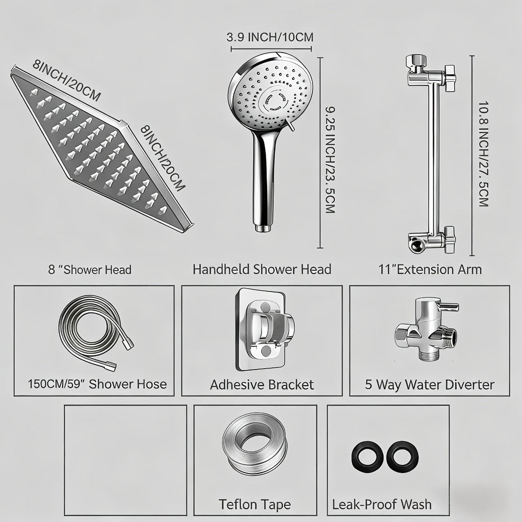 8Inch High Pressure Rain Showerhead Combo (With Handheld Sprayer) | 9.64In Adjustable Extension Arm | 5 Spray Patterns & 360° Swivel Ball | Leakproof Hose | Freely Adjustable Height & Angle | Ultimate Bathroom Shower Upgrade for Shower Use Solely Fo