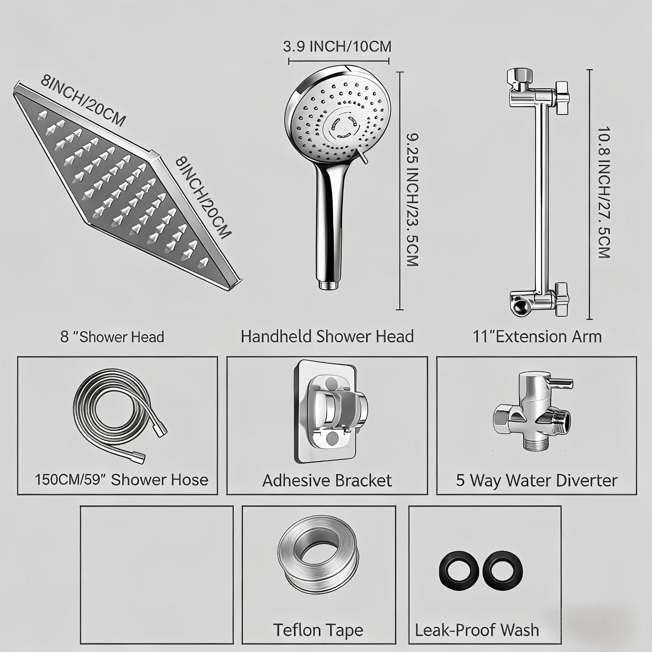 8Inch High Pressure Rain Showerhead Combo (With Handheld Sprayer) | 9.64In Adjustable Extension Arm | 5 Spray Patterns & 360° Swivel Ball | Leakproof Hose | Freely Adjustable Height & Angle | Ultimate Bathroom Shower Upgrade for Shower Use Solely Fo