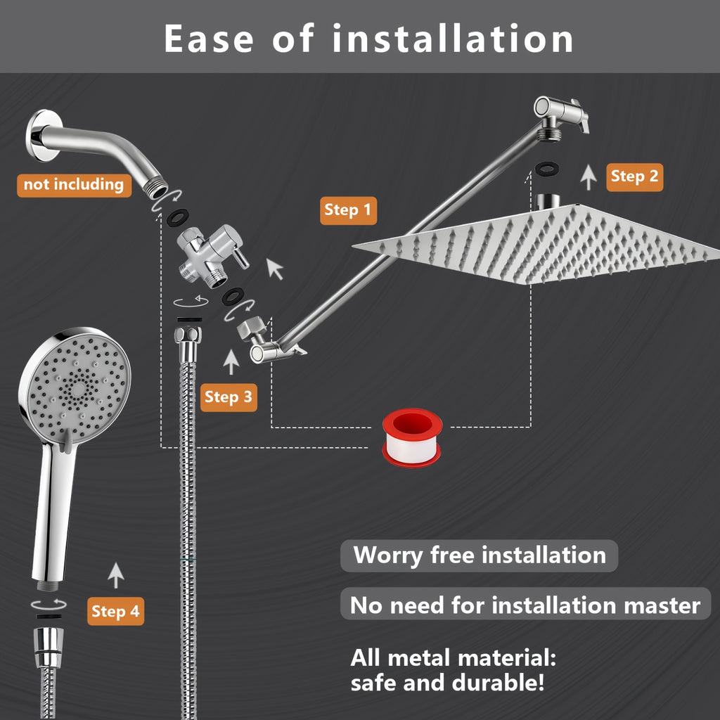 8\u002F12\u002F10-Inch High-Pressure Rain Shower Head & Handheld Shower Combo with Extension Arm - 5-In-1 Leak-Proof Bath\u002FShower System, Adjustable Height\u002FAngle Stand & Hose, Wall-Mounted