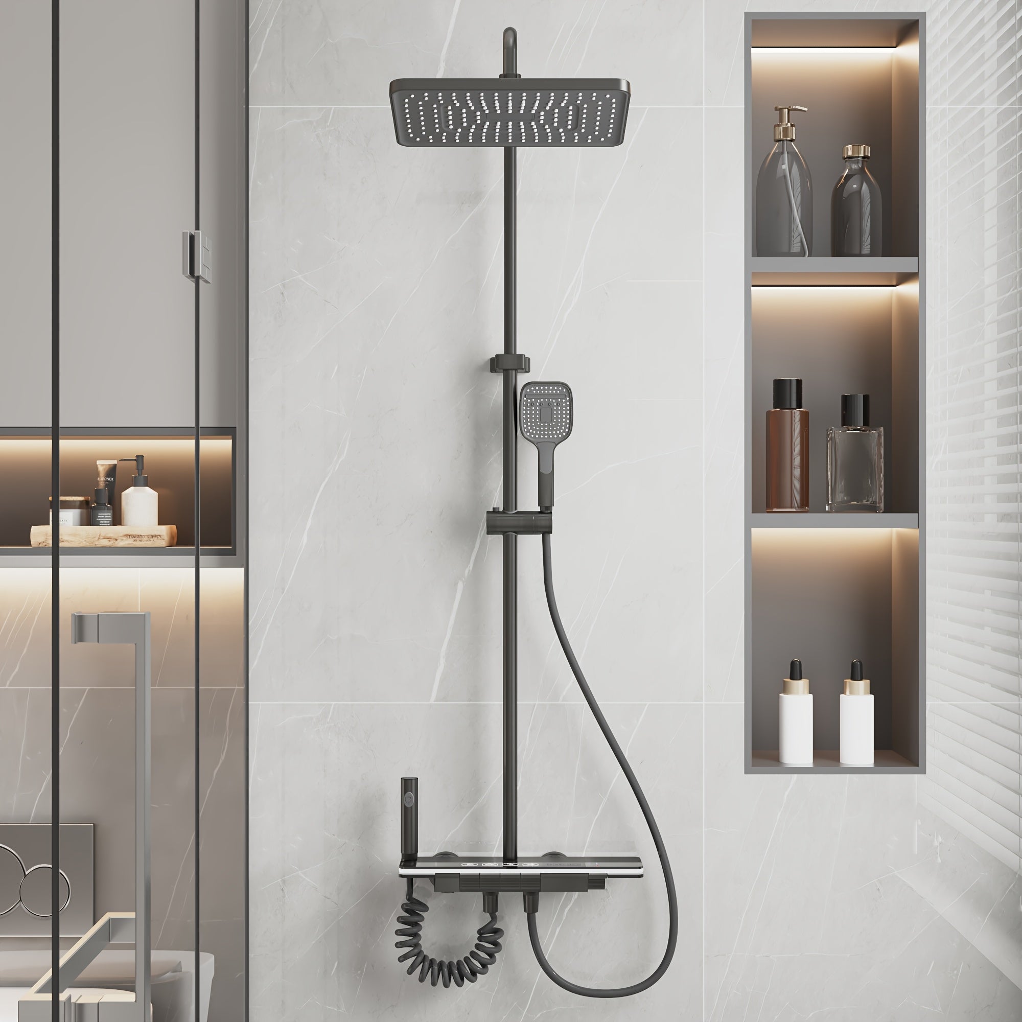 1Set Bathroom Shower System with 11.6'' Rain Showerhead, Hand Shower, Spray Gun And Water Fall Tub Spout, Gray Shower Set, 4-In-1 Shower Faucet Set, Faucet with Cold And Hot Water Mixer, Wall-Mounted Luxurious Exposed Shower Sets