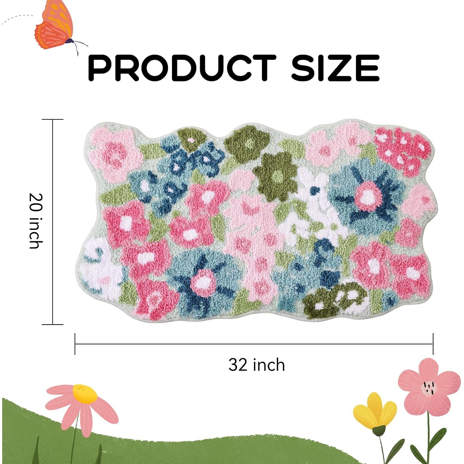 Wildflower Bath Rug Suitable for Bath Mat, Non-Slip Tufted Soft with Wildflower Pattern, Washable Green Mat Suitable for Bathtub, Dressing Table, Entryway, Farmhouse Country Decor, Thick Cushioning for Small Spaces