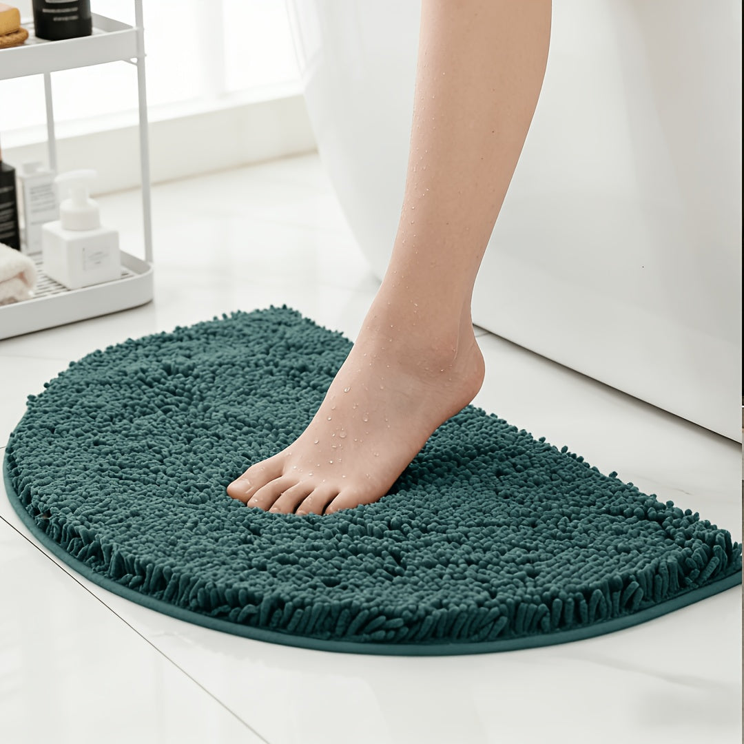 Semi-circular Dark Green Chenille Floor Mat, Thickened, Water-absorbing, And Anti-slip, Perfect for Entryway, Bathroom, And Toilet Area, As Well As A Splash Guard for Cat Litter Boxes In Households with Cats. Ideal for Holiday Gifts