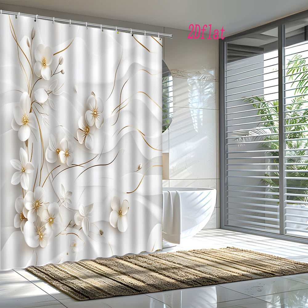 1pc a Vintage-Inspired Shower Curtain Featuring Elegant White Floral Designs, Measuring 70.8 by 70.8 Inches, Complete with Hooks
