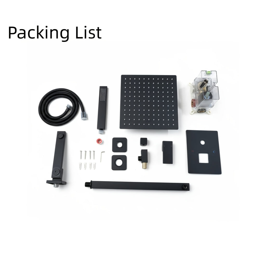 Copper Core Shatter-Resistant 3-Setting Shower System, Modern Matte Black Square Rainfall Shower Head with Handheld Sprayer, Tub Spout And Shower Valve Trim Kit, Durable Bathroom Shower Faucet Set