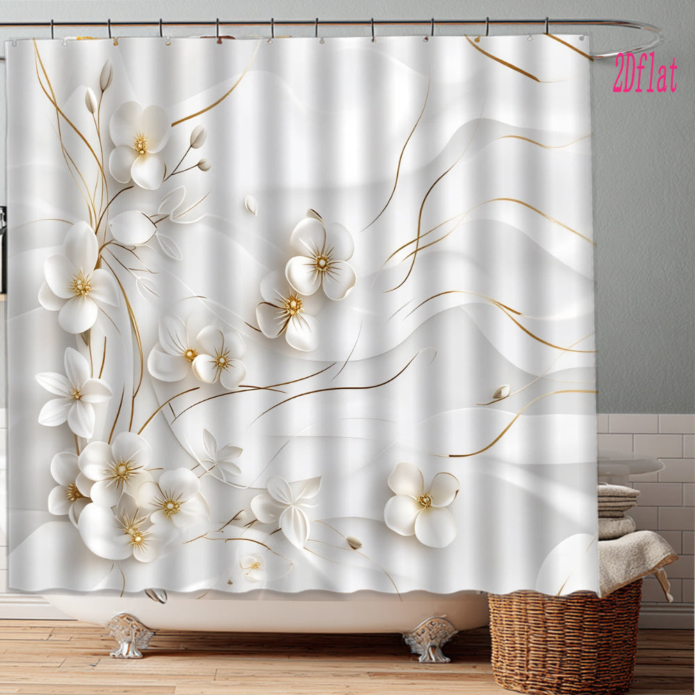 1pc a Vintage-Inspired Shower Curtain Featuring Elegant White Floral Designs, Measuring 70.8 by 70.8 Inches, Complete with Hooks