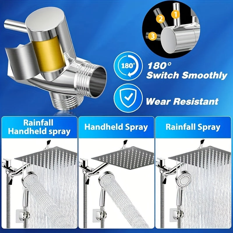 8Inch High Pressure Rain Showerhead Combo (With Handheld Sprayer) | 9.64In Adjustable Extension Arm | 5 Spray Patterns & 360° Swivel Ball | Leakproof Hose | Freely Adjustable Height & Angle | Ultimate Bathroom Shower Upgrade for Shower Use Solely Fo