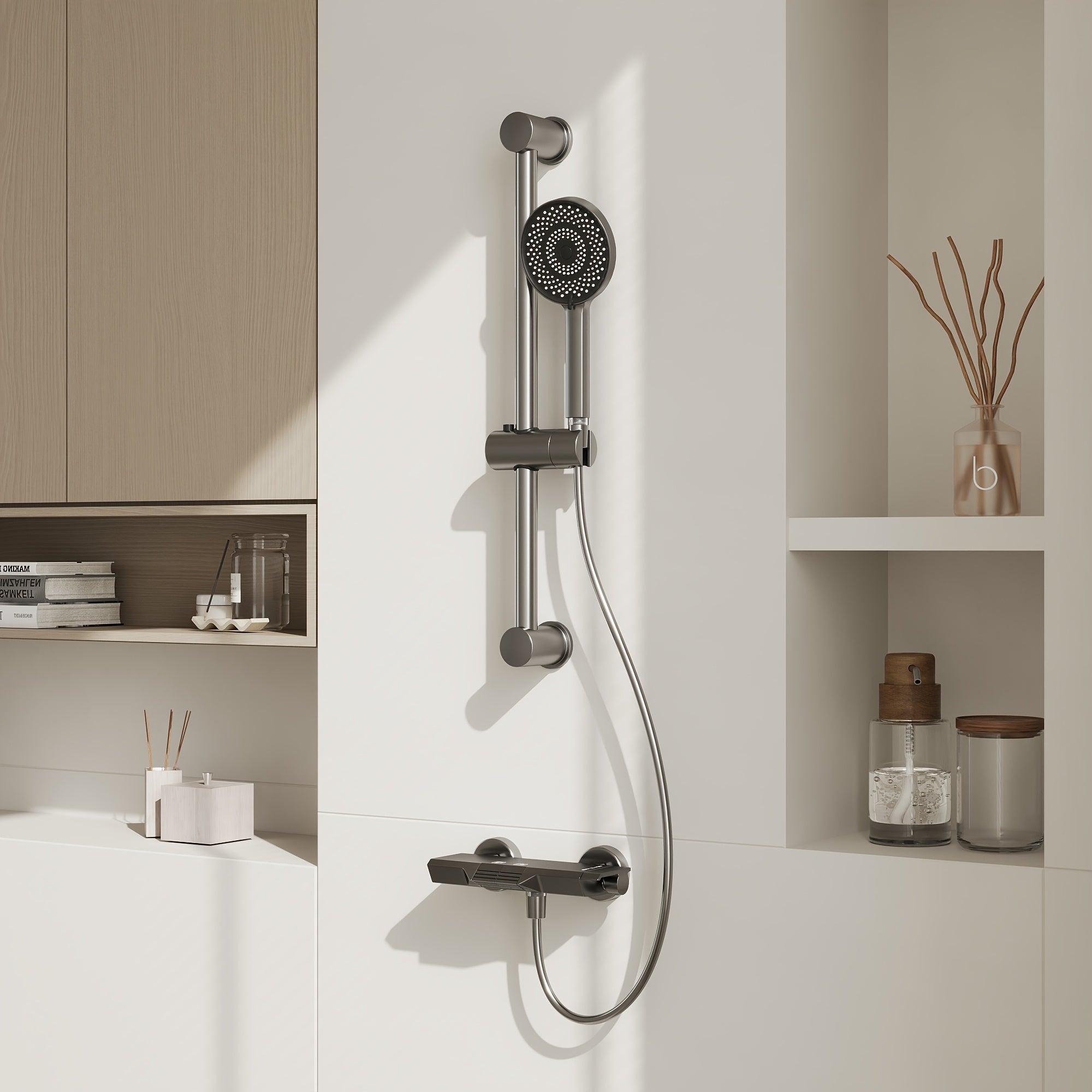 Bathroom Shower System with Handheld And Water Fall Tub Spout, Gray Shower Set, Shower Faucet Set, Faucet with Cold And Hot Water Mixer