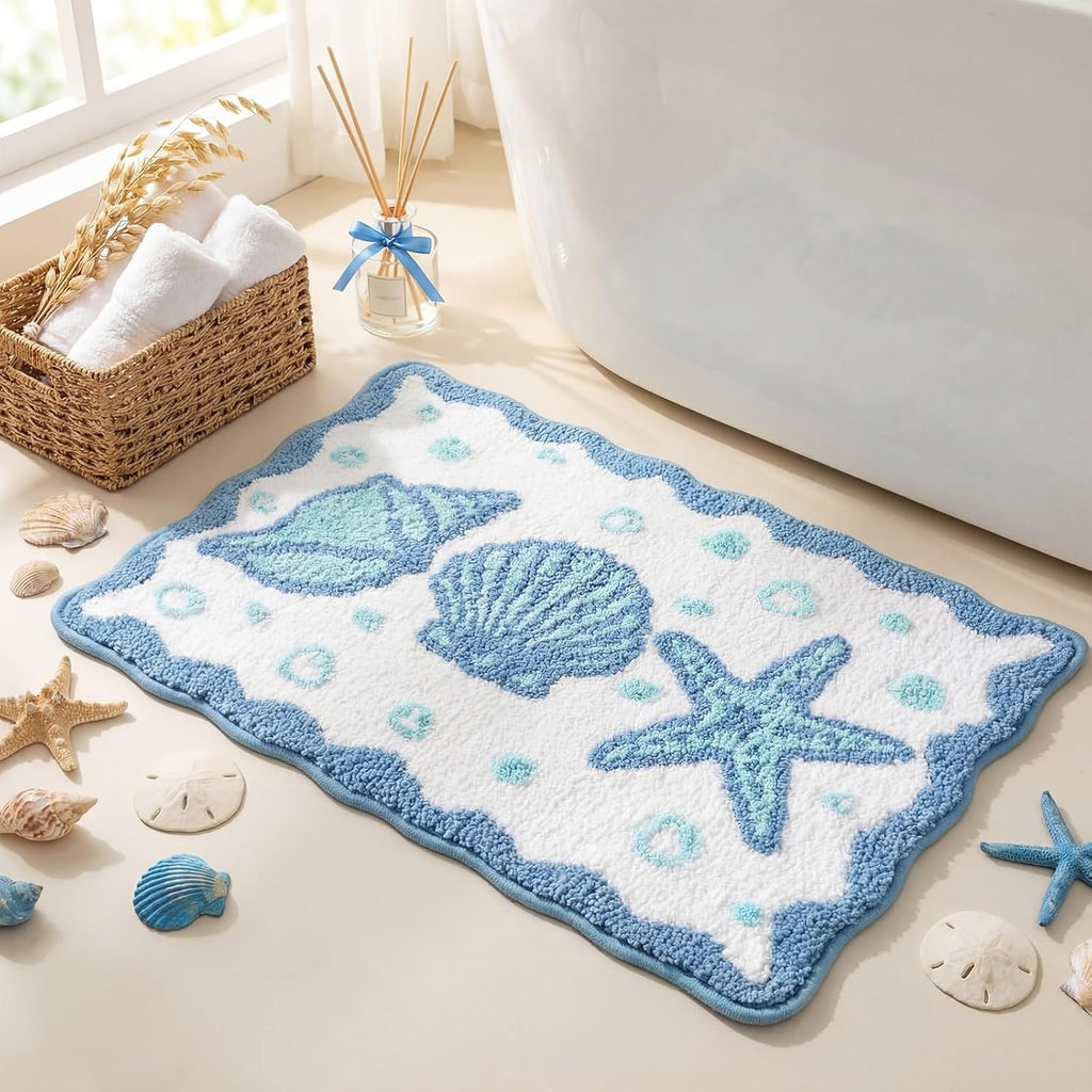 Coastal Beach Bath Rug Suitable for Summer Bathrooms - Soft Non-Slip Thick Cushioned Mat with Seashell & Starfish, Absorbent Washable Suitable for Bath, Shower, Bedroom,, Decor