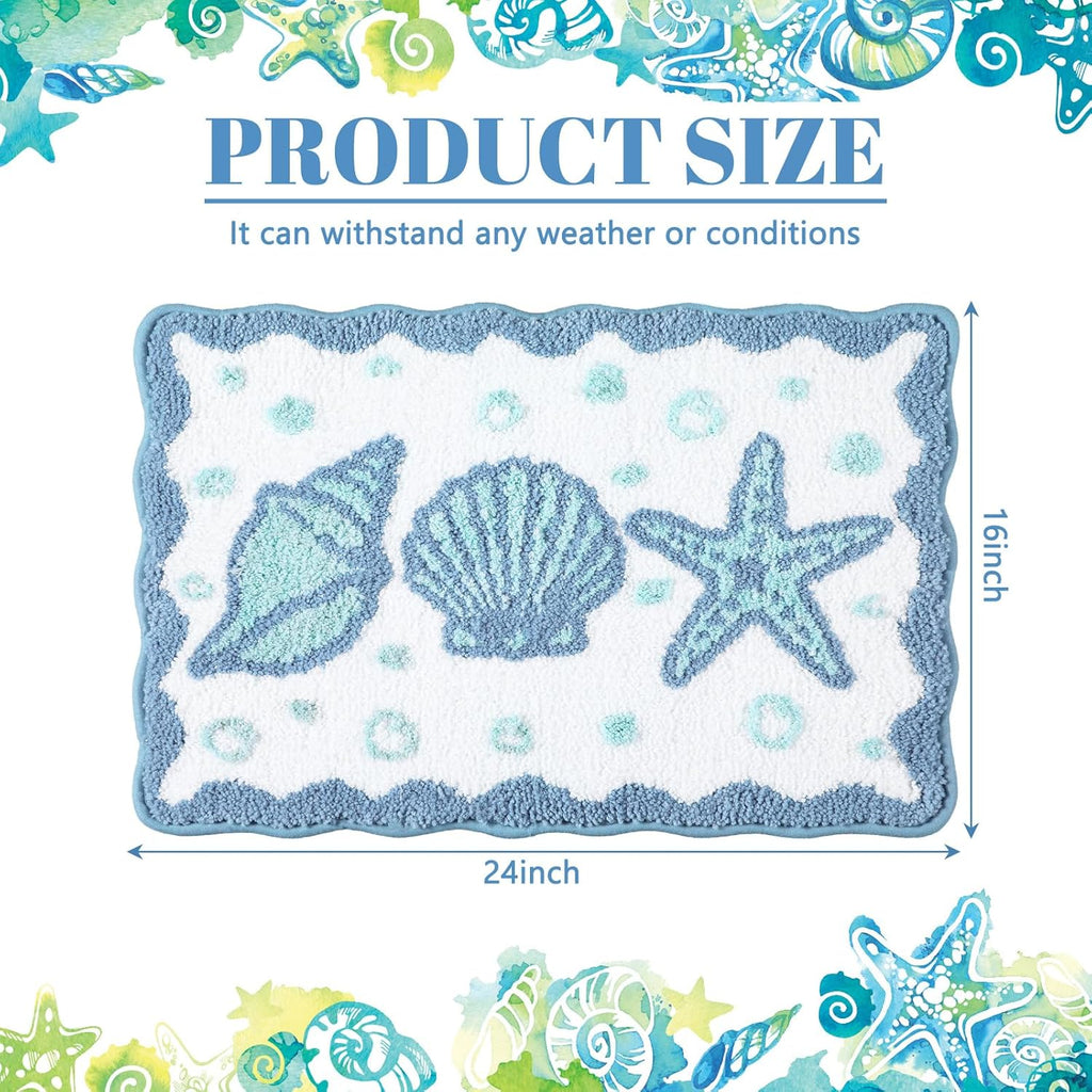 Coastal Beach Bath Rug Suitable for Summer Bathrooms - Soft Non-Slip Thick Cushioned Mat with Seashell & Starfish, Absorbent Washable Suitable for Bath, Shower, Bedroom,, Decor