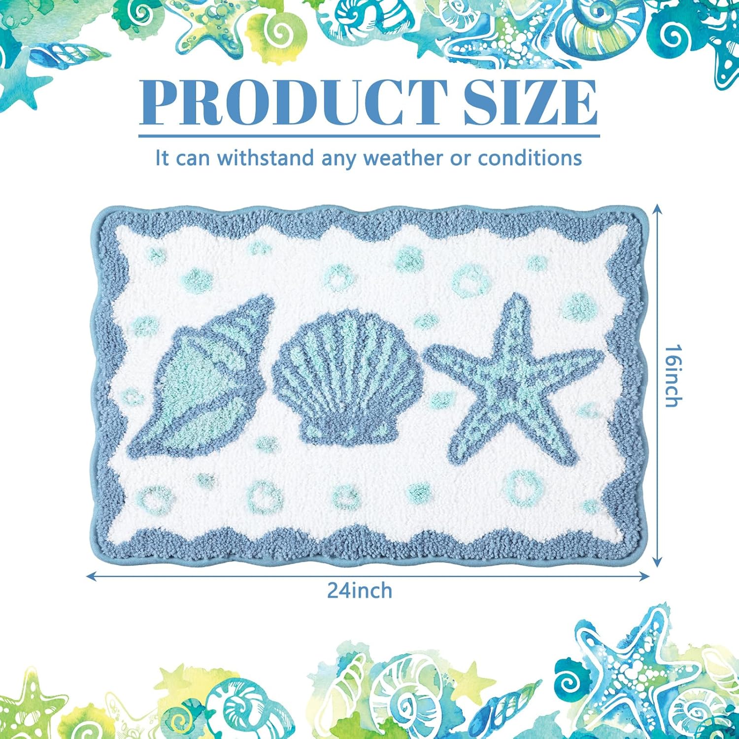 Coastal Beach Bath Rug Suitable for Summer Bathrooms - Soft Non-Slip Thick Cushioned Mat with Seashell & Starfish, Absorbent Washable Suitable for Bath, Shower, Bedroom,, Decor